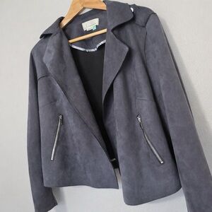 Anthropologie Gray Suede Moto Jacket 1X Open Front Zip Pockets